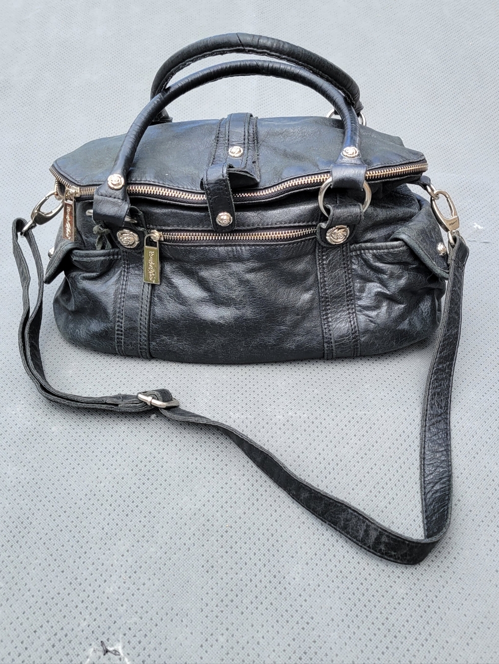 Rough Roses Black Soft Leather Satchel Bag